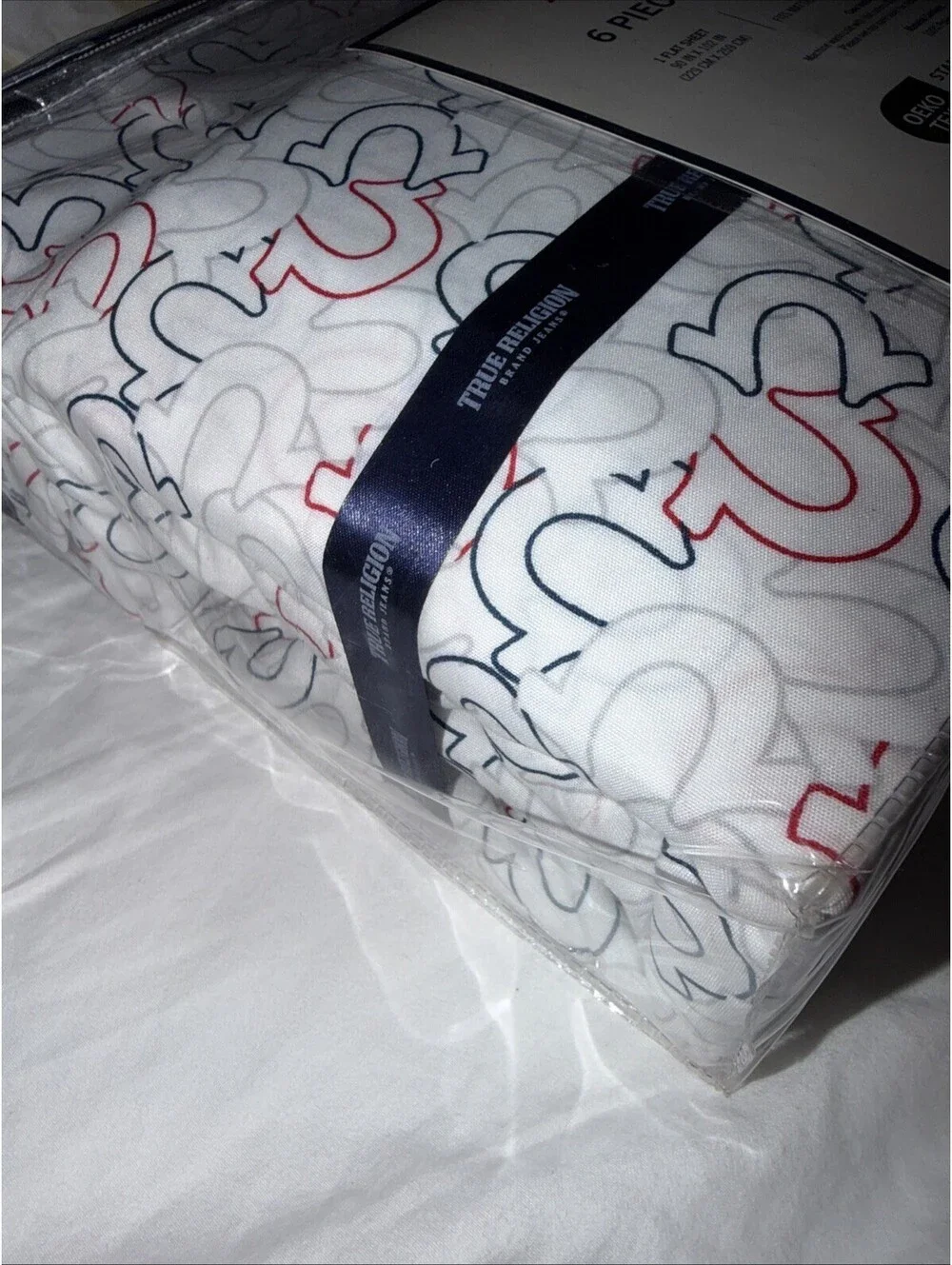 True Religion Red, Blue Logo Queen 6 Piece Sheet Set